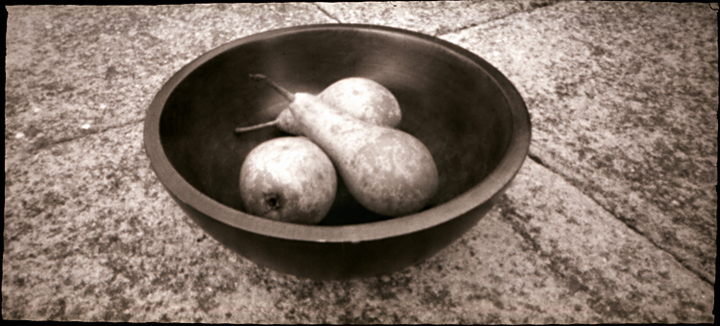 Pears. Home-made pinhole camera on roll film. Part of a small series of pinhole images celebrating Kentish orchard fruits.